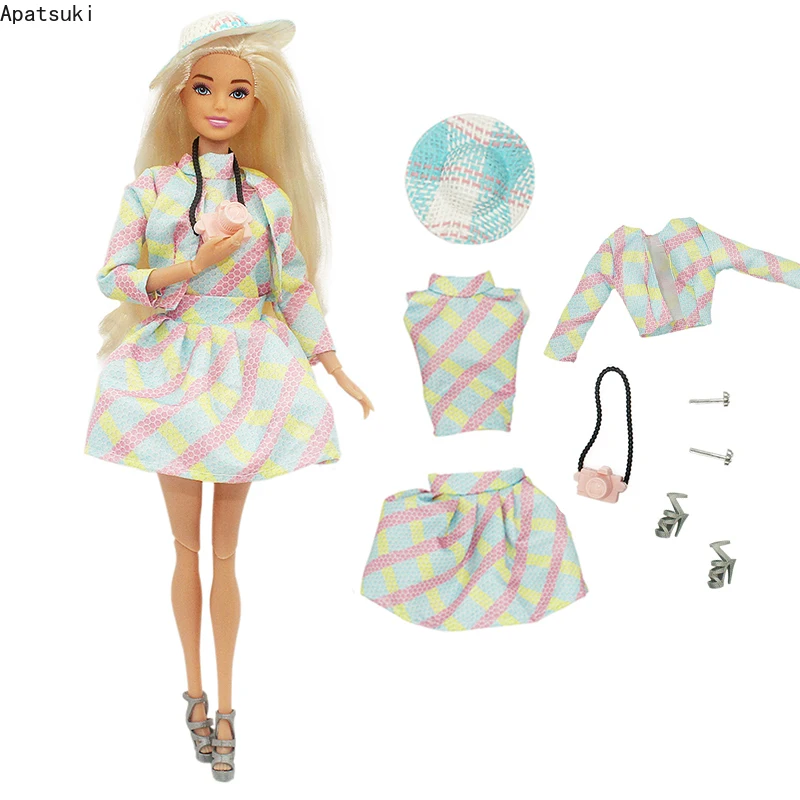 Movie Fashion Outfits For Barbie Doll Clothes Set Sleeveless Top Midi Skirt Coat Earring Hat Shoes Toys 1/6 Dolls Accessories fashion sleeveless white tank dress for barbie doll clothes outfits 1 6 bjd accessories children dollhouse cosplay toy girl gift