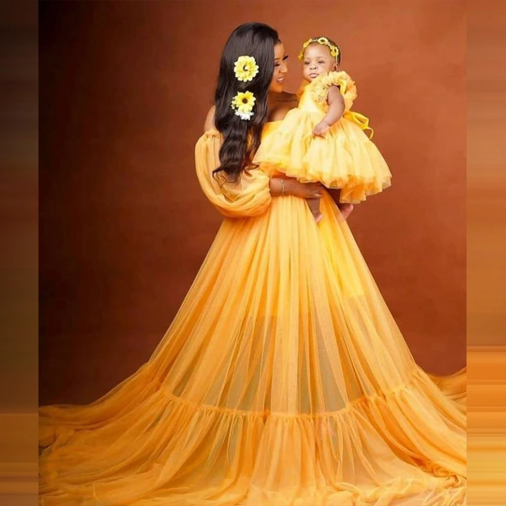 

Yellow Mommy and Me Tulle Dress Girl Princess Gown Mother Daughter Matching Dress Birthday Party Photoshoot Prom Dress