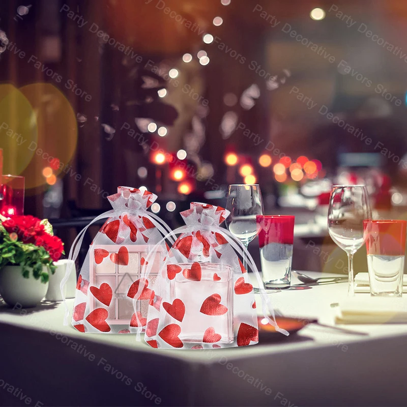 50pcs Red Love Heart Organza Bag Wedding Valentines Day Gift Candy Drawstring Bag Jewellery Display Pouches Birthday Party Decor
