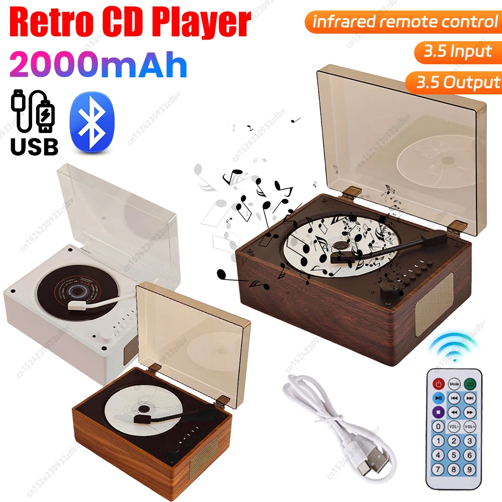 Wooden cd player portable cd player Vintage Leather CD Player Two-way Bluetooth 5.0 Built-in Speaker Portable Rechargeable Support CD BT USB 3.5mm AUX Home Decor