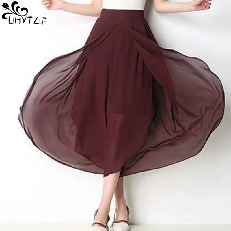 

UHYTGF Summer Chiffon Wide Leg Pants Women New High Waist Elastic Casual Seven Points Pantskirt Thin Loose Swinging Pants Female