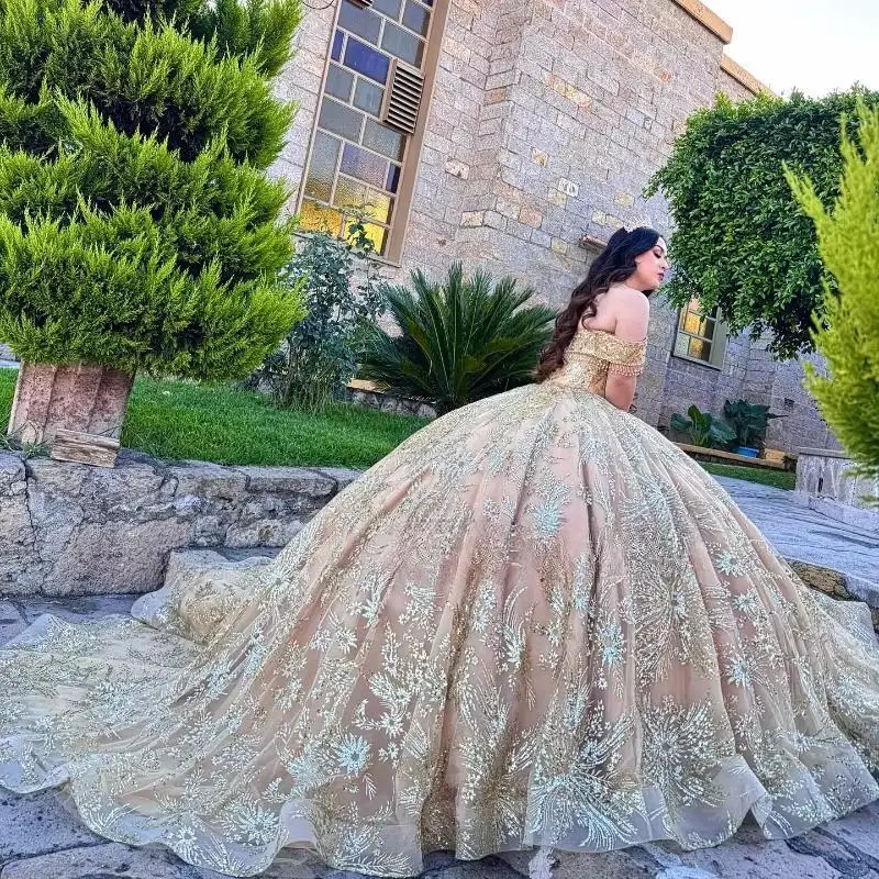 Champagne Shiny Ball Gown Quinceanera Dresses Sequin Gold Appliques Lace Beads Crystal Tull Vestidos 15 De XV A&ntilde;os Sweet 16