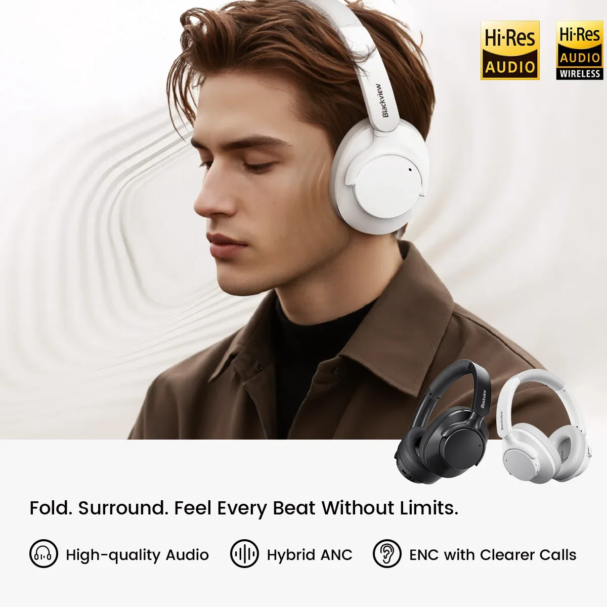OSCAL Blackview Fitbuds H1 Earphone, Hybrid Active Noise Cancelling Headphones, Hi-Res Audio Over Ear Wireless Headset ANC Mic