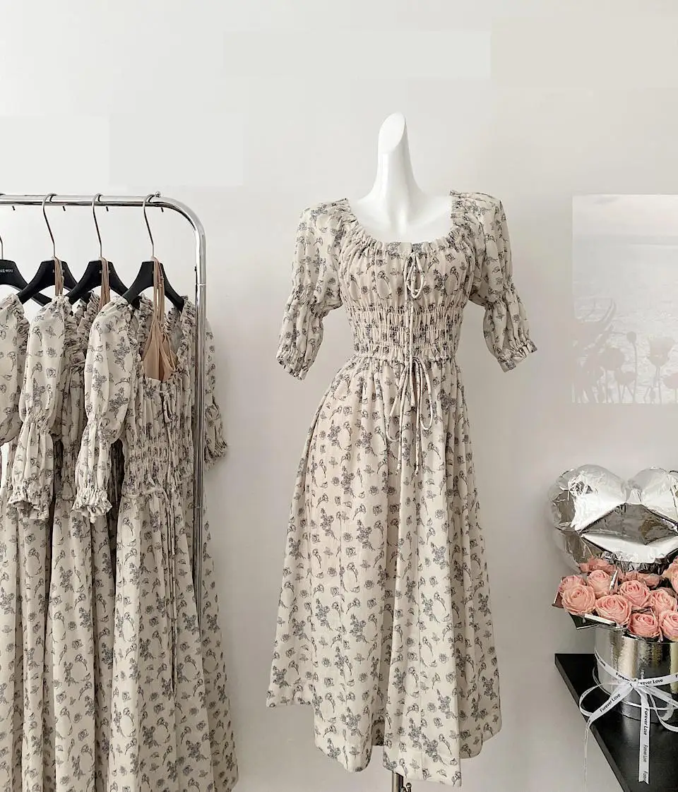 

Women's Summer Half Sleeve O Neck Floral A Line Long Dress Lady Casual Slim Holiday Puff Sleeve Dress