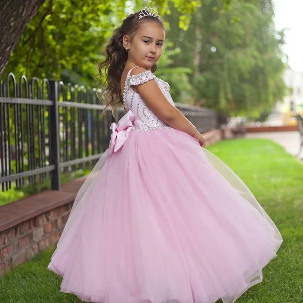 

Flower Girl Dresses Pink Beaded Crystals Ball Gown Tulle Bow Little Princess Pageant Dresses Wedding First Communion