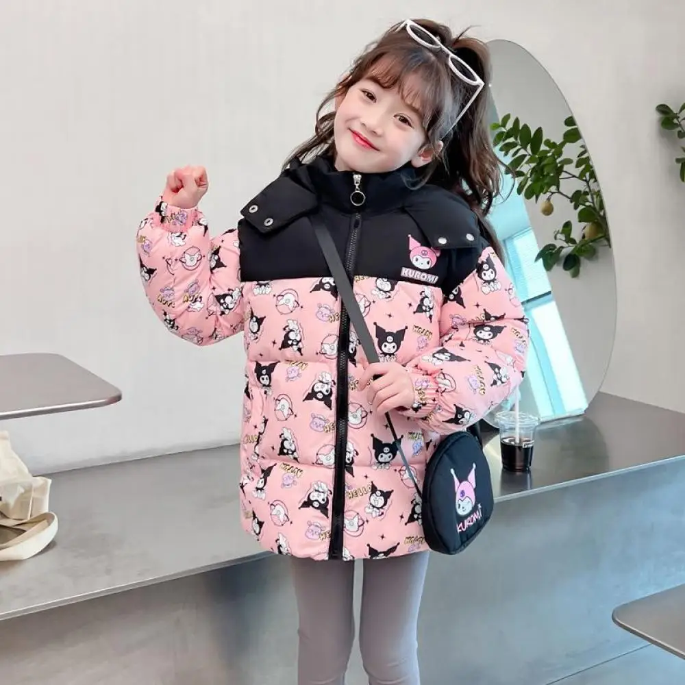 Sanrio Kuromi Girls Cotton Clothes Autumn Winter Plus Velvet Thicken Coat Cartoon Leisure Cotton Coat Jacket Children's Clothing