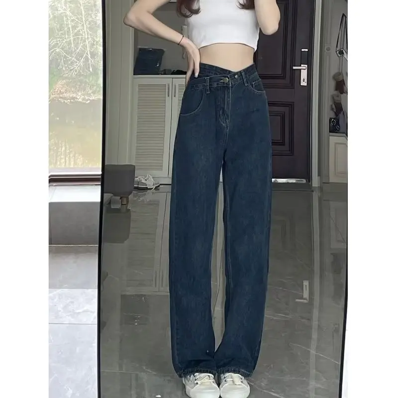 

Blue-gray high wide leg jeans women's spring and summer new crossover waist loose and versatile straight mop pants