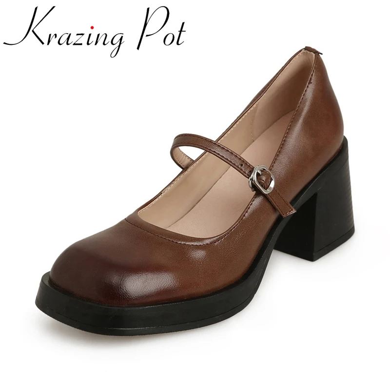 

Krazing Pot Cow Split Leather Round Toe Thick High Heels Mary Janes Platform Retro Fashion Preppy Style Buckle Strap Women Pumps