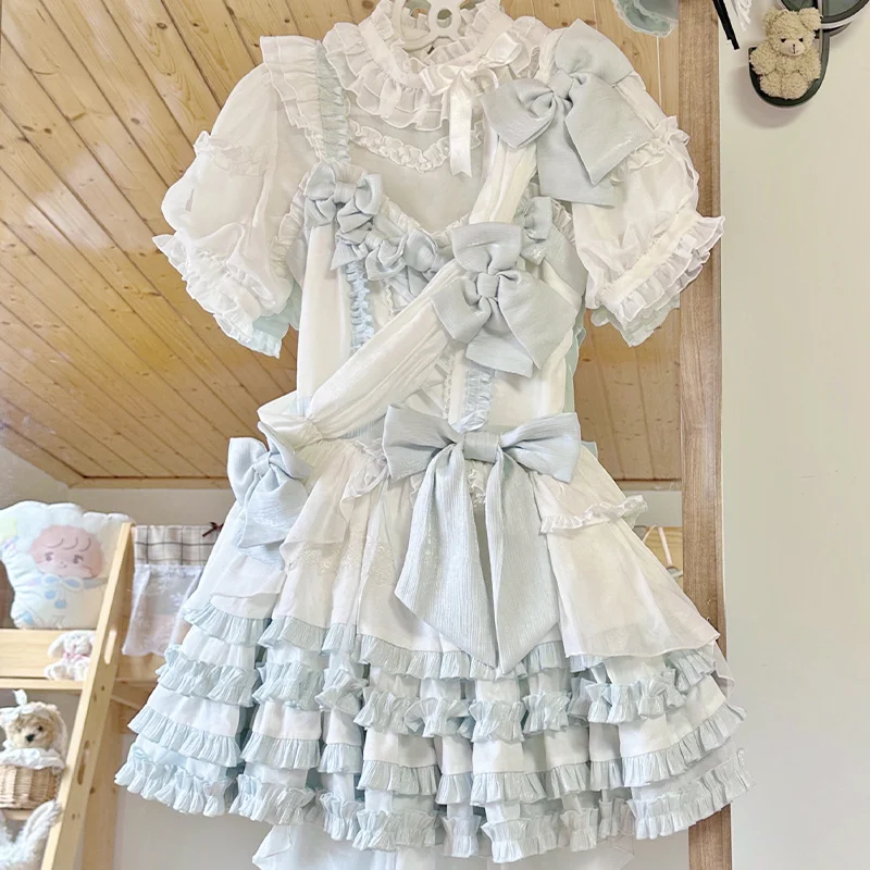 Sweet Idol Lolita Style Jsk Dress Women Japan Dream Lace Elegant Party Straps Girly Retro Victoria Cartoon Short Sleeves Dresses