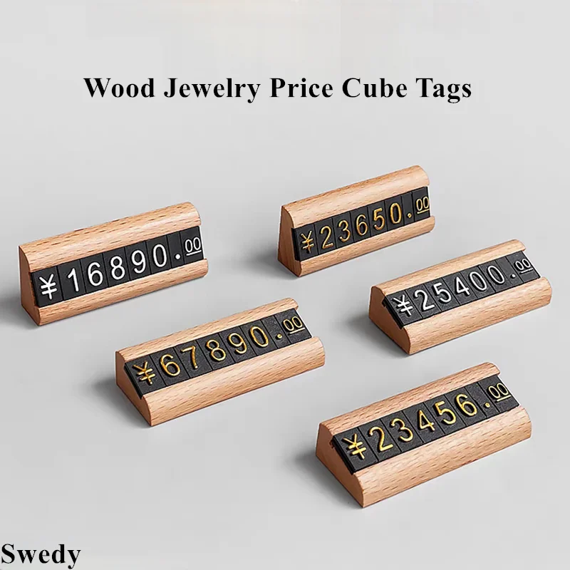 5 Pieces Small Price Label Paper Card Wood Sign Holder Display Stand Jewelry Watch Adjustable Number Digital Price Cube Tags