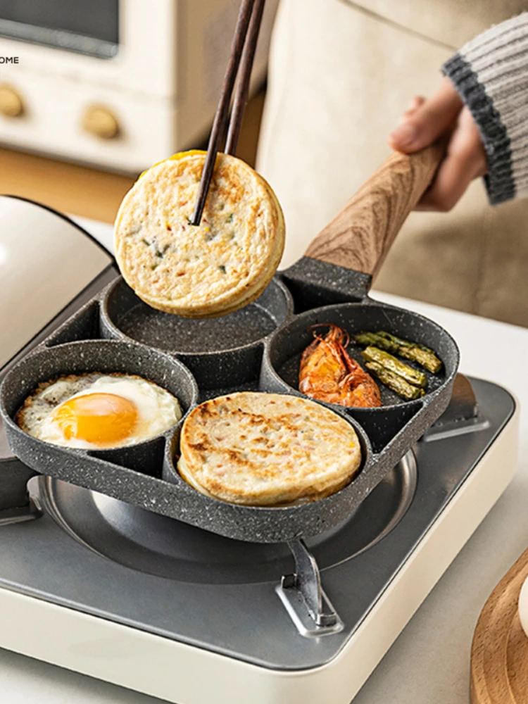 

4-hole Non-stick Frying Pot Aluminum Omelet Pan For Burger Eggs Ham Pancake Breakfast Maker Kitchen Cookware Wooden Handle Pan