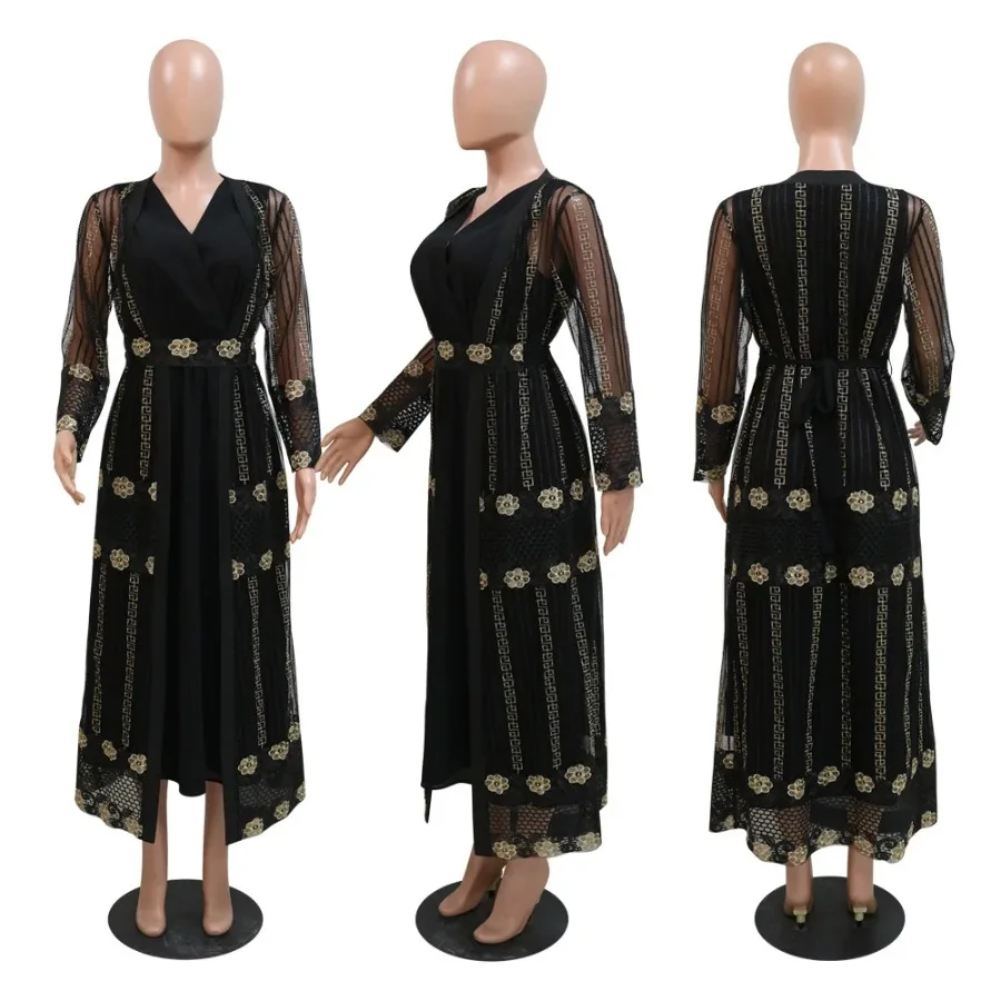 Eid Muslim Party Dress Women Caftan Abaya 2 Piece Set Embroidery Ramadan Abayas Kaftan Vestidos Cardigan Robe Dubai Arab Turkey