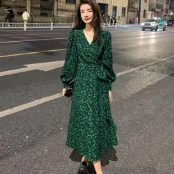 Elegant French Retro Floral V - Neck Summer Dress - XXL (Green)