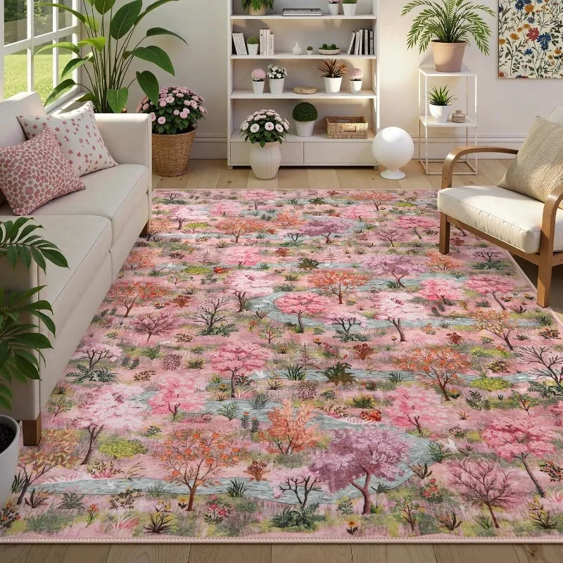 Pink Forest Style Living Room Carpet Large Area Tree Print Bedroom Rug Machine Washable Foldable Coffee Table Floor Mat Alfombra