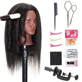 Mannequin Head With 100% Human Hair Yaki Hair Cosmetology Doll Head With Adjustable Stand For Practice Braiding Styling Training