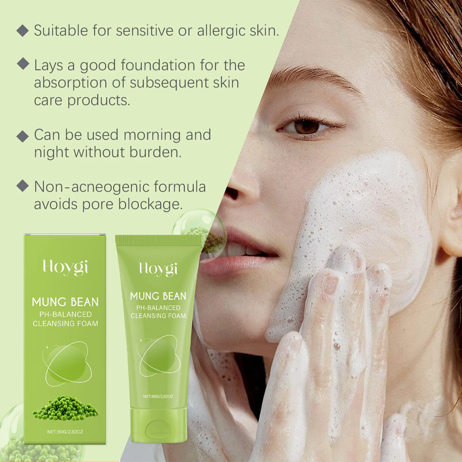 Hoygi Mung Bean Moisturizing Cleanser Gentle Cleansing Pores, Tender and Not Tight, Moisturizing Skin Care Cleanser 80g 6