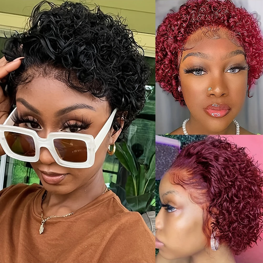 Pixie Cut Wig Short Curly Human Hair 6 Inch Curly Wave Natural Black Human Hair Wigs For Women 13X1 Lace Front Wig Preplucked 15