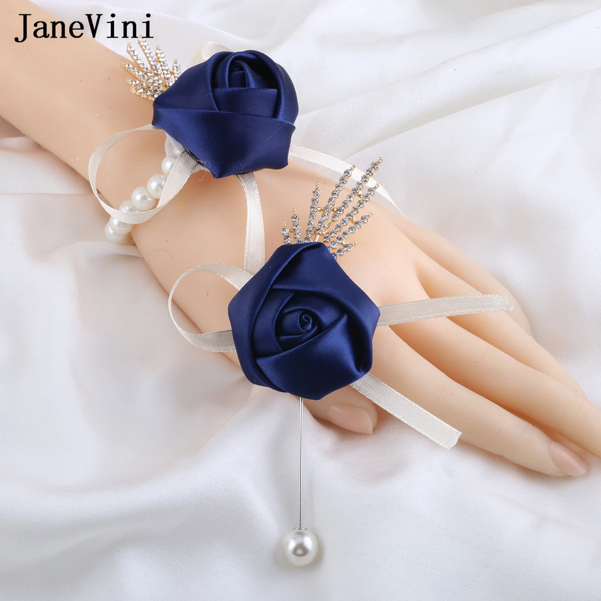 JaneVini 2023 Rhinestone Navy Blue Groom Boutonniere Mariage Homme Lapel Pins Wedding Corsage Suit Buttonhole Men Women Brooches