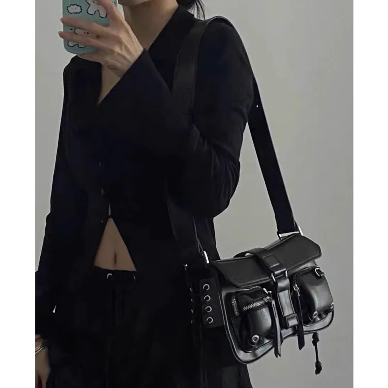 Vintage PU Leather Black Handbags Punk Harajuku Underarm Shoulder Bags Trend Multiple Pockets Zipper Crossbosy Bags For Women