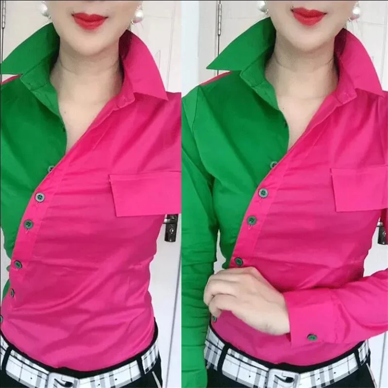 

Placket Chic Color Matching Blouses Women Shirt Lapel Long Sleeve Patchwork Color Contrast Streetwear Female Blusa Shirt E223