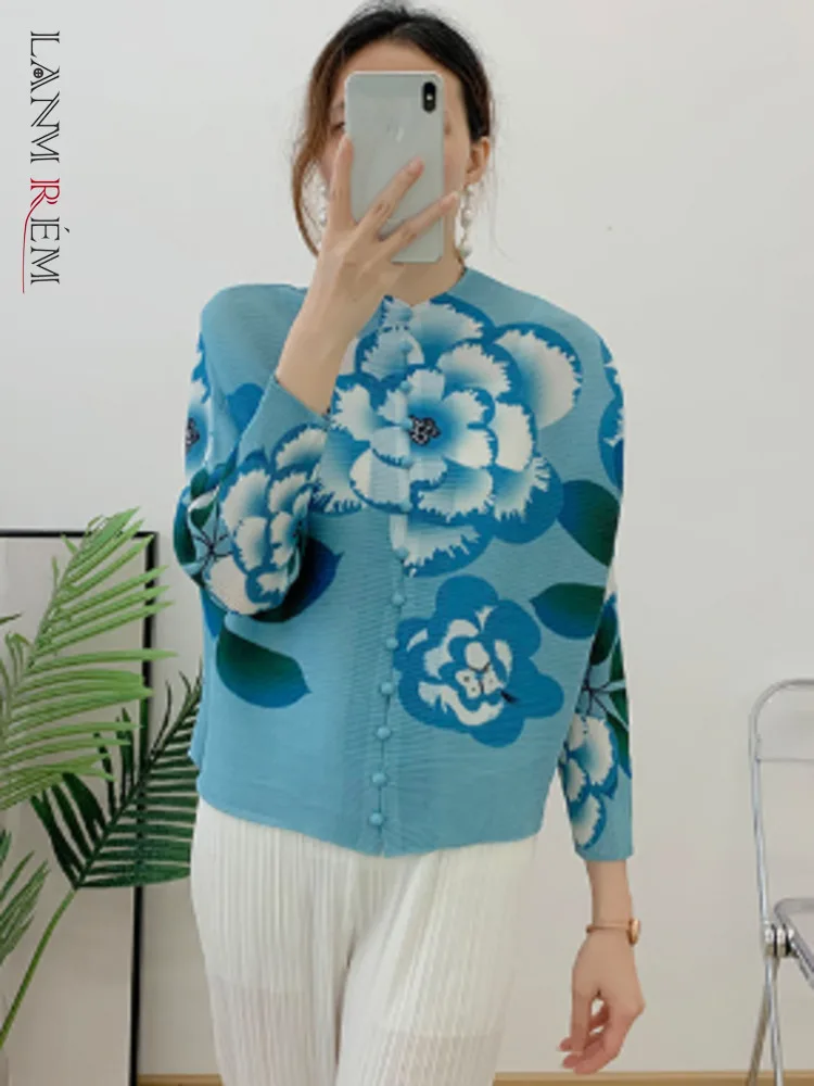 

Футболка LANMREM Женская плиссированная с принтом, однобортная Повседневная рубашка с воротником-стойкой и длинным рукавом, новая летняя одежда, 2Z1352, 2024