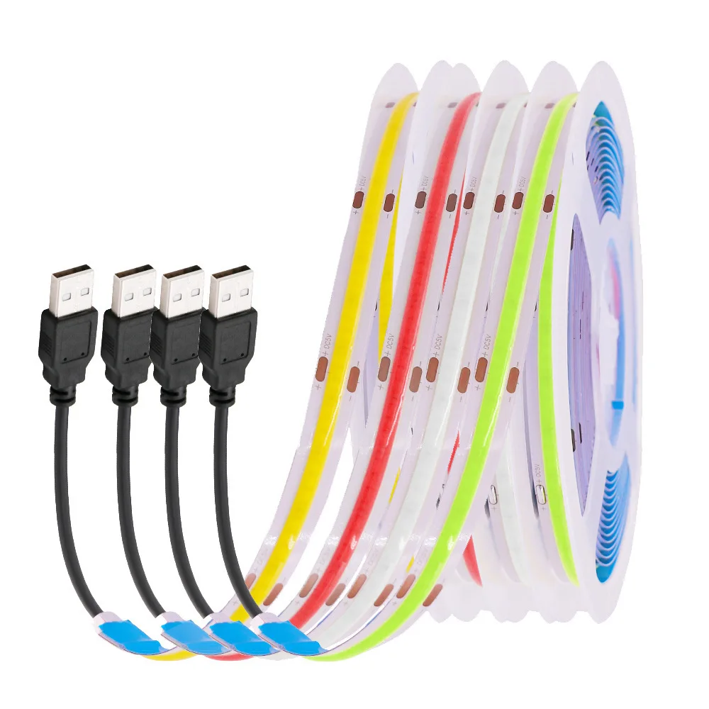DC 5V USB COB Strip 320Leds/M White/Ice Blue/Pink/Yellow/Pink/Red Flexible Ribbon Rope Night Lamp TV Backlight LED Strip