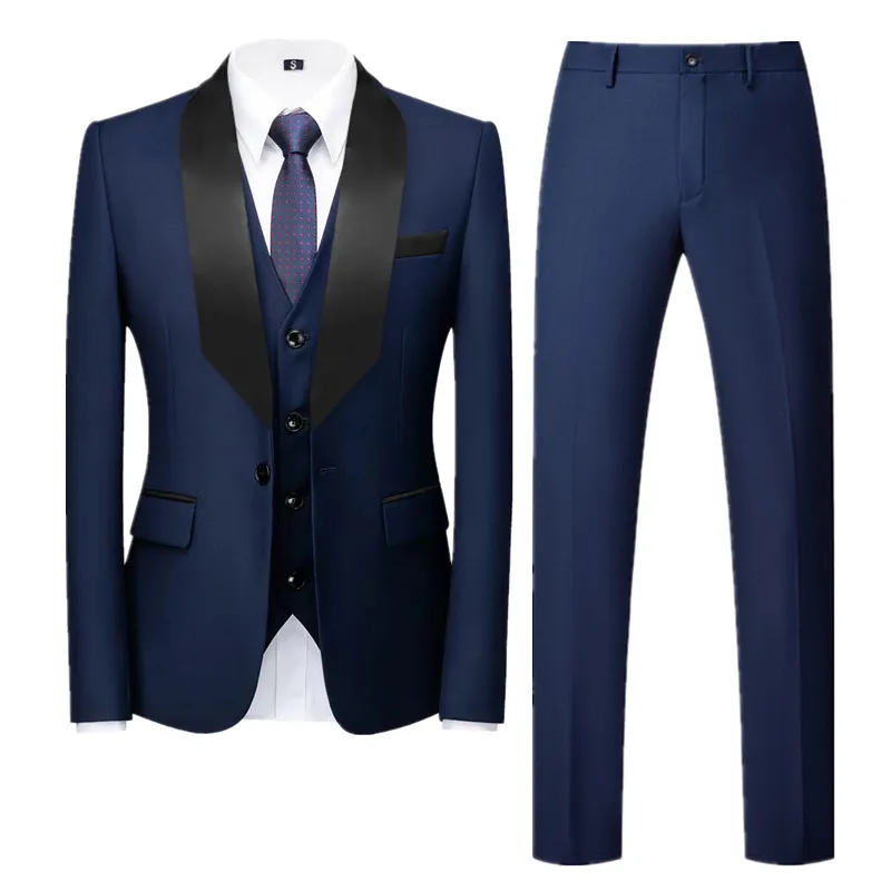 Men Pure Colour Formal Wedding Suit 3 Piece Black / Blue / Dark Grey Fashion Simple Male Business Social Tuxedo Dress Set