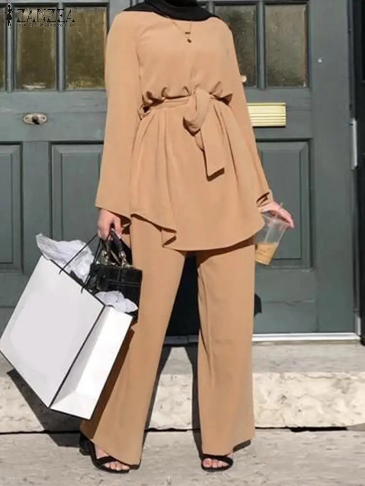 Muslim Sets Women Autumn Blouses ZANZEA Fashion Muslim Sets Long Sleeve Turkish Blouses Pants Abaya Solid Islamic Clothing 2PCS Oversized