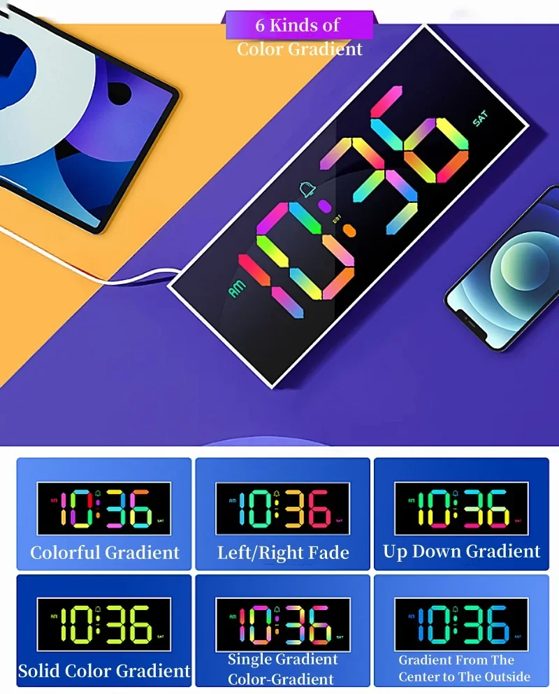 RGB Large Digital Wall Clock Date With Remote Control RGB Mood Light Table Clock 12/24H DST Power-off Memory LED Alarm wall clock digital wall clock