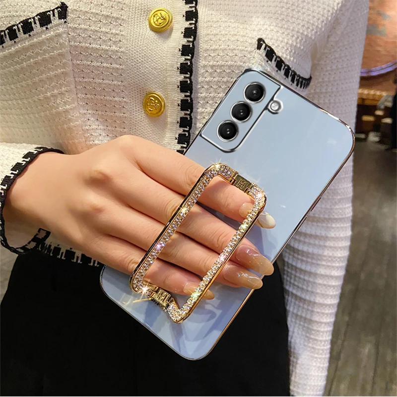 Phone Case Luxury Rhinestone Metal Holder Wrist Bracket Plating For Samsung Galaxy S23 S22 Ultra S21 FE Plus S20 A53 A22 A50