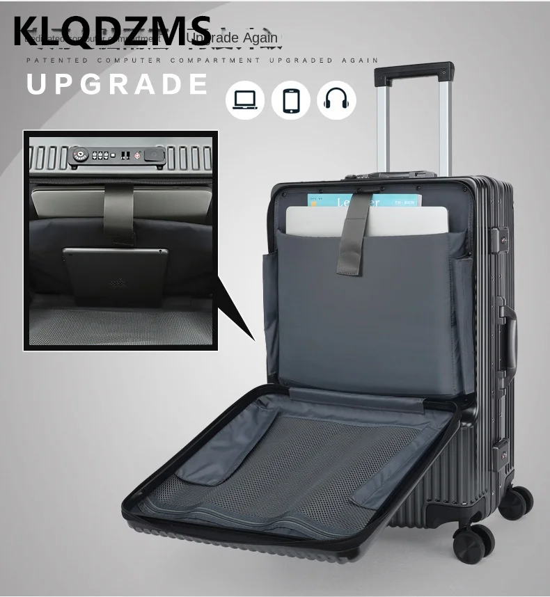 KLQDZMS 20 22 24 26 Luggage Compartment Front Aluminum Frame Luggage USB Charging Port Silent Wheel Waterproof Boarding Suitcase