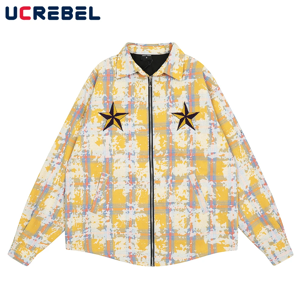 

Autumn Contrast Casual Long Sleeved Plaid Shirt Mens High Street Loose Embroidery Lapel Zipper Outerwear