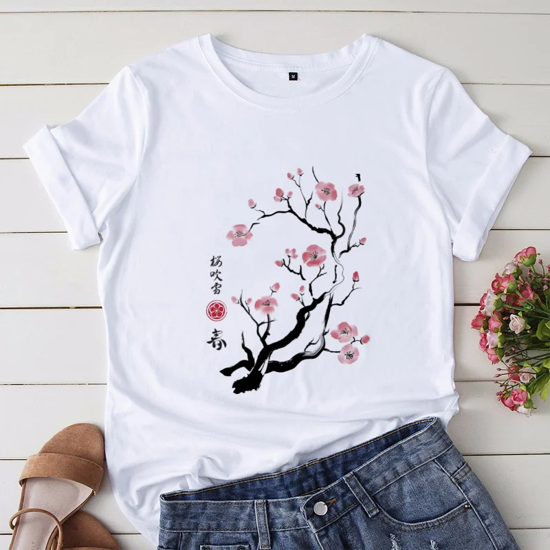 

Fashion Trend Women's Short Sleeve Chinese Style Cartoon Flower Print T-Shirt Women's Casual Printing Fashion Basic T-Shirt.