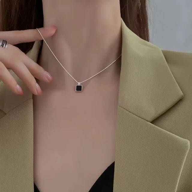Retro Square Black Zircon Pendant Necklace Chain For Women