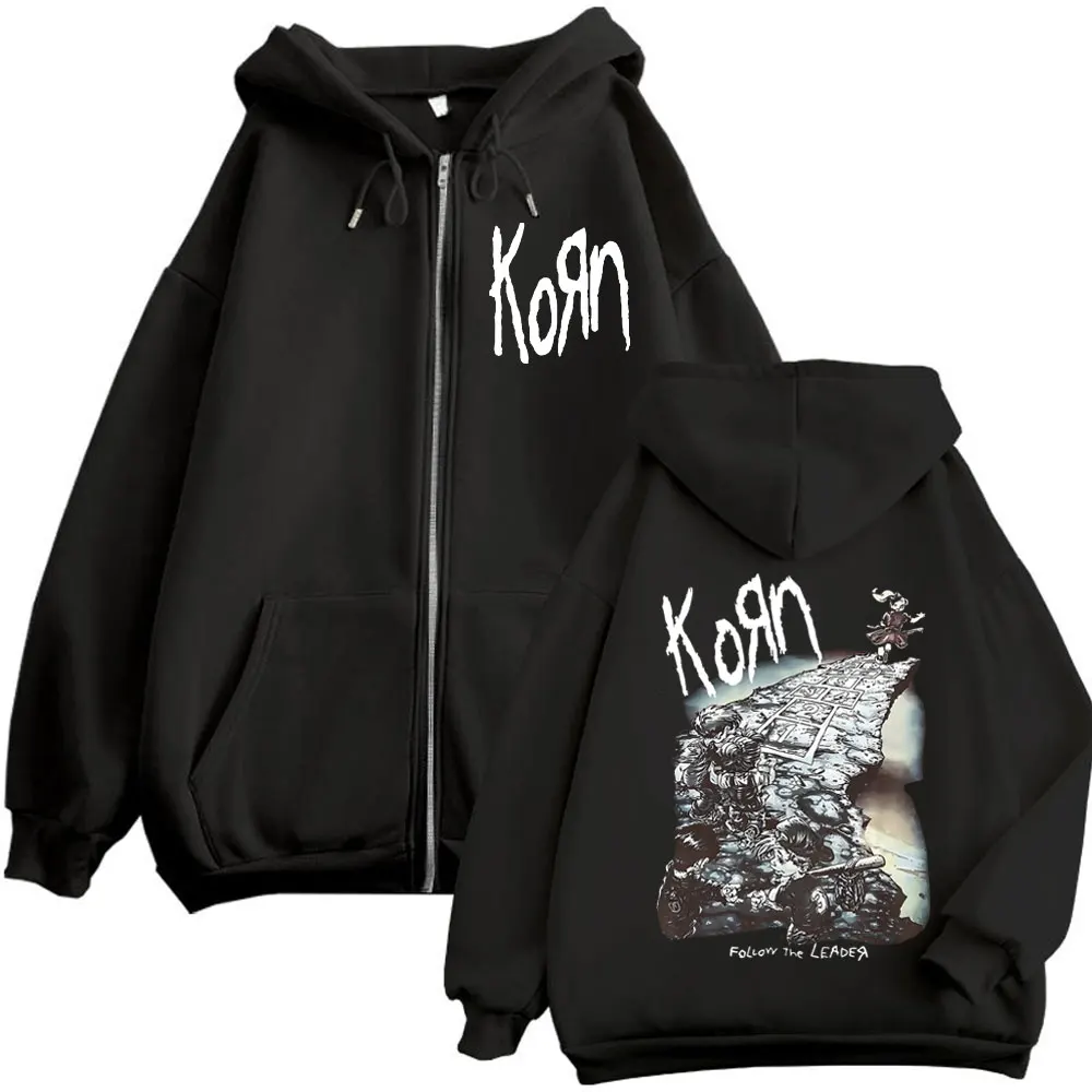 Pop Band Korn Ftl 25, Follow The Leader Grafik-Kapuzenpullover mit Reißverschluss, Rock, Hip Hop, Vintage-Sweatshirt mit Reißverschluss, Unisex, übergroße Pullover