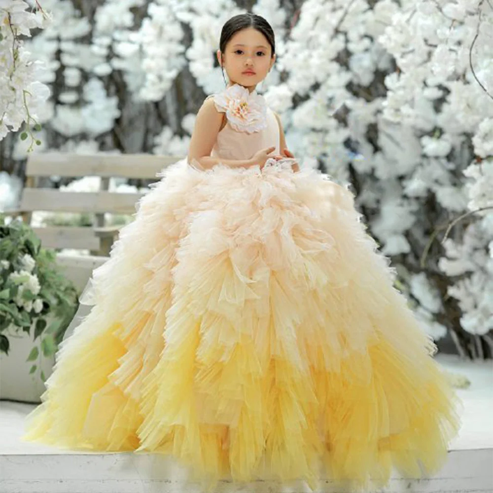 

Ball Gown Customized Flower Girl Dress O Neck Sleeveless Ruffles Soft Tulle First Communion Gown Kid Christmas Party Dresses
