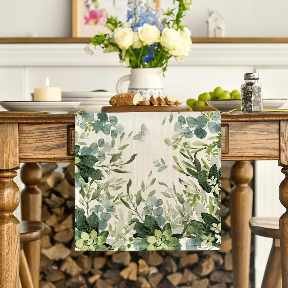 Spring Green Flowers Eucalyptus Linen Table Runner Holiday Party Decor Farmhouse Kitchen Dining Table Runner Wedding Decoration 2