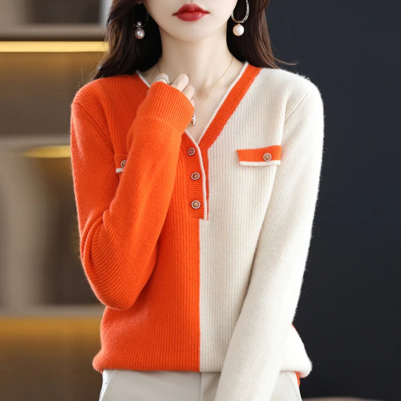 

100% pure wool autumn and winter new V-neck sweater women's color matching pullover long sleeve blouse loose sweater