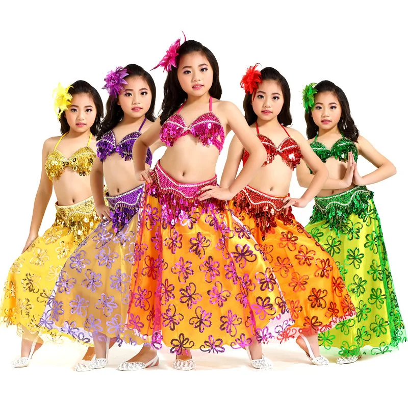 

Belly Dace Costume for Girls Indian Dance Wear Children's Day Stage Performance Show Gypsy Skirt Bra Belt 3PC Sequins Outfit
