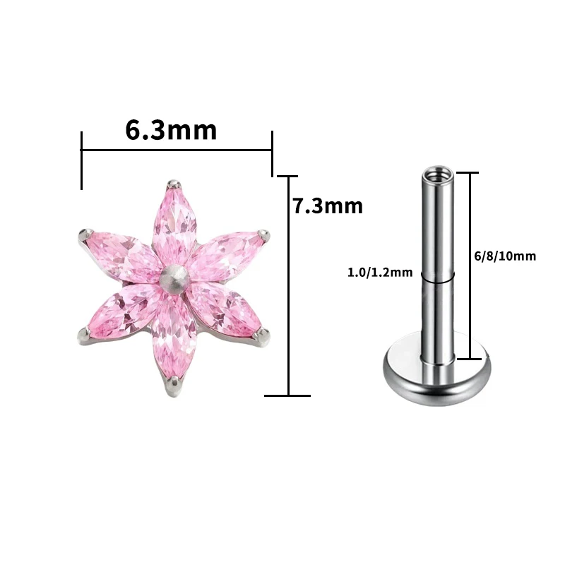 F136 Titanium Six-Petaled Flower Lip Piercing 16G Zirconia Labret Tragus Helix Cartilage Nose Jewelry Earrings