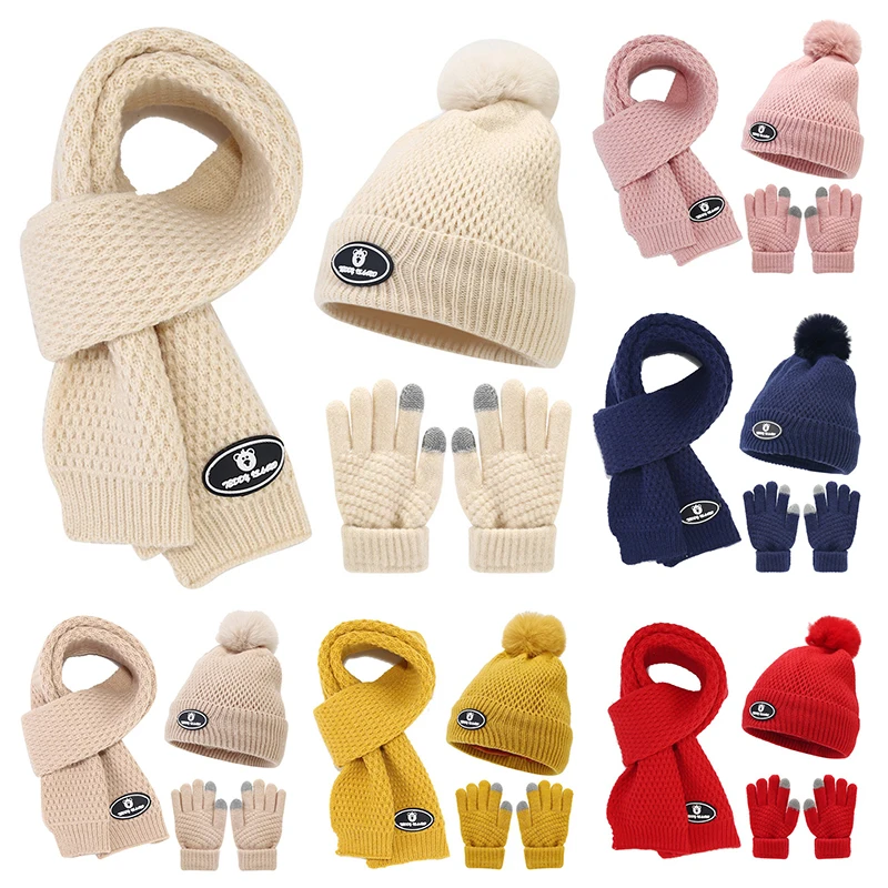 3pcs Children Knitted Hats Scarves Gloves Winter Baby Bear Label Beanies Outdooor Velvet Cold-proof Wool Cap Suit Warm Accessory