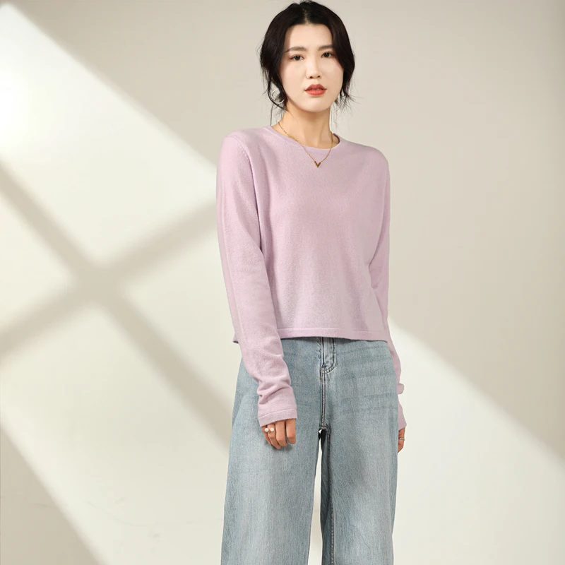 

Шерстяной свитер из 100% чистого кашемира, Женский весенне-летний тонкий вязаный свитер, универсальная нижняя рубашка с длинными рукавами и коротким круглым вырезом