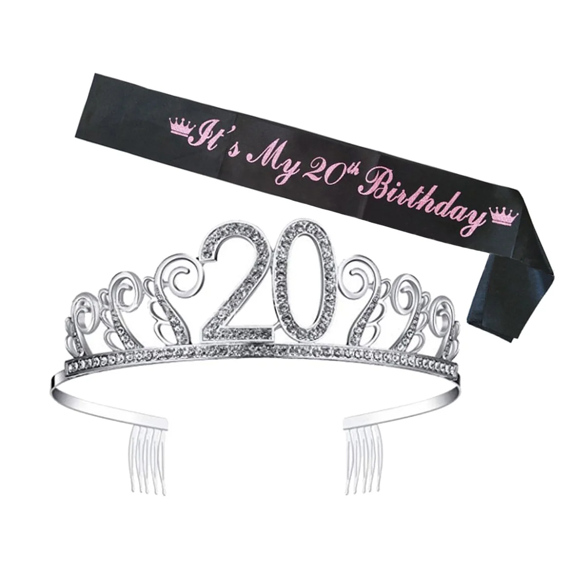 

1 Set Number 20 Rhinestone Crown Hair Comb and Letter Printing Sash Decoration Headress Tiara Head Accessory Birthday
