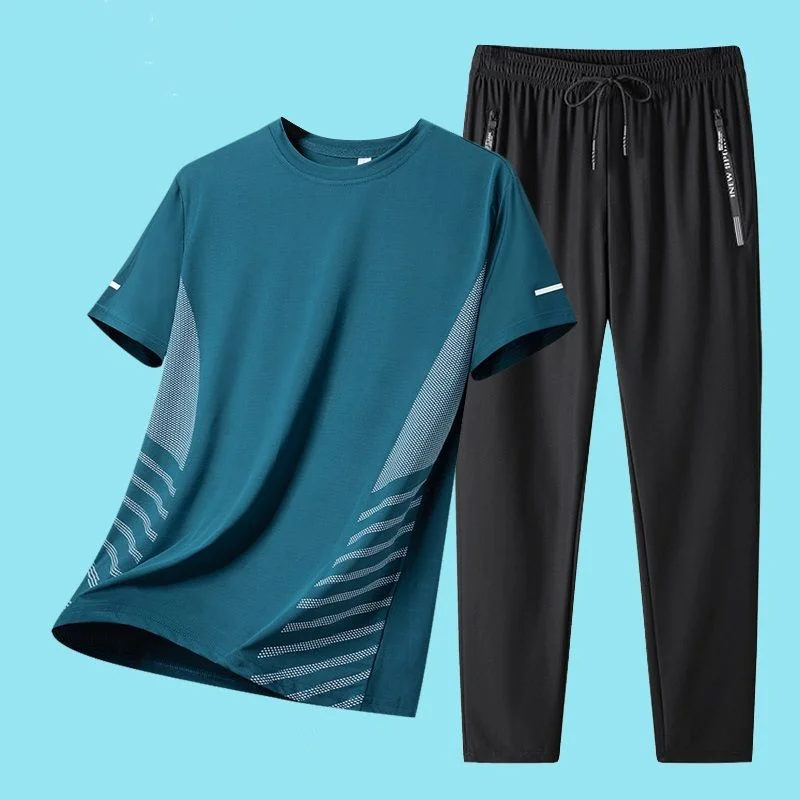 Fashion high-end elastic ice silk short-sleeved T-shirt trousers two-piece men's and women's summer new thin fitness jogging set