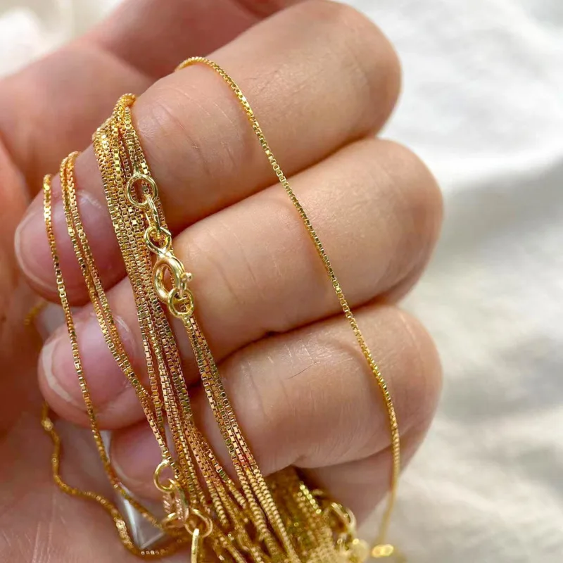 35cm-80cm Thin Real 925 Sterling Silver Gold Color Slim Box