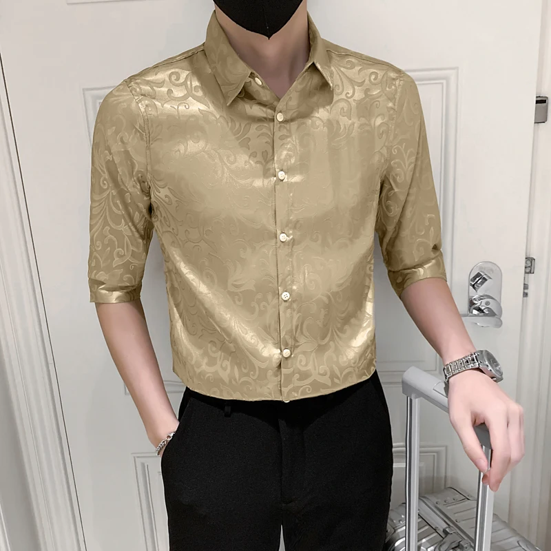 

Gold Luxury Satin Shirts For Mens Wedding Elegant White Dress Shirts Smooth Silk Gentleman Club Party Wear Slim Stylish Clothing