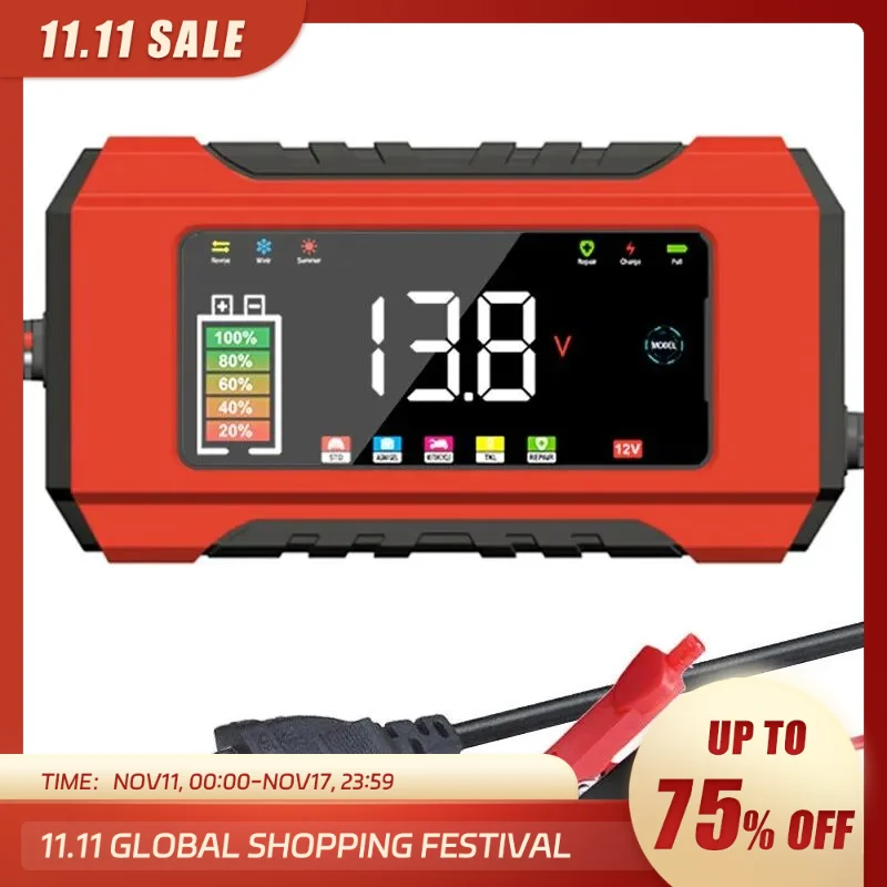  12 6A Fully Automatic Car Battery Charger Pulse Repair LCD Battery Charger for Auto Moto Lead Acid Battery Smart Charging 
