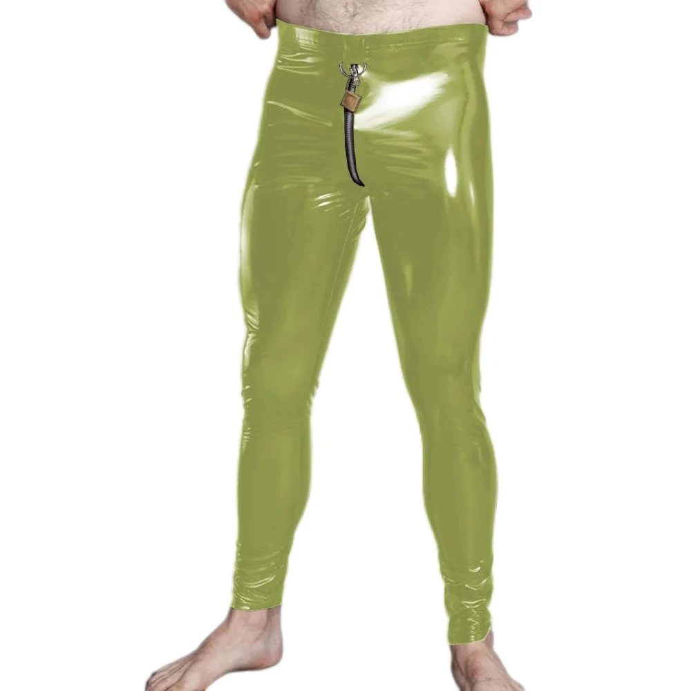 New Men Front Zipper Bright Faux Leather Tight Pants PVC Elastic Performance Trousers Sexy Leggings With lock fetish wear pants
