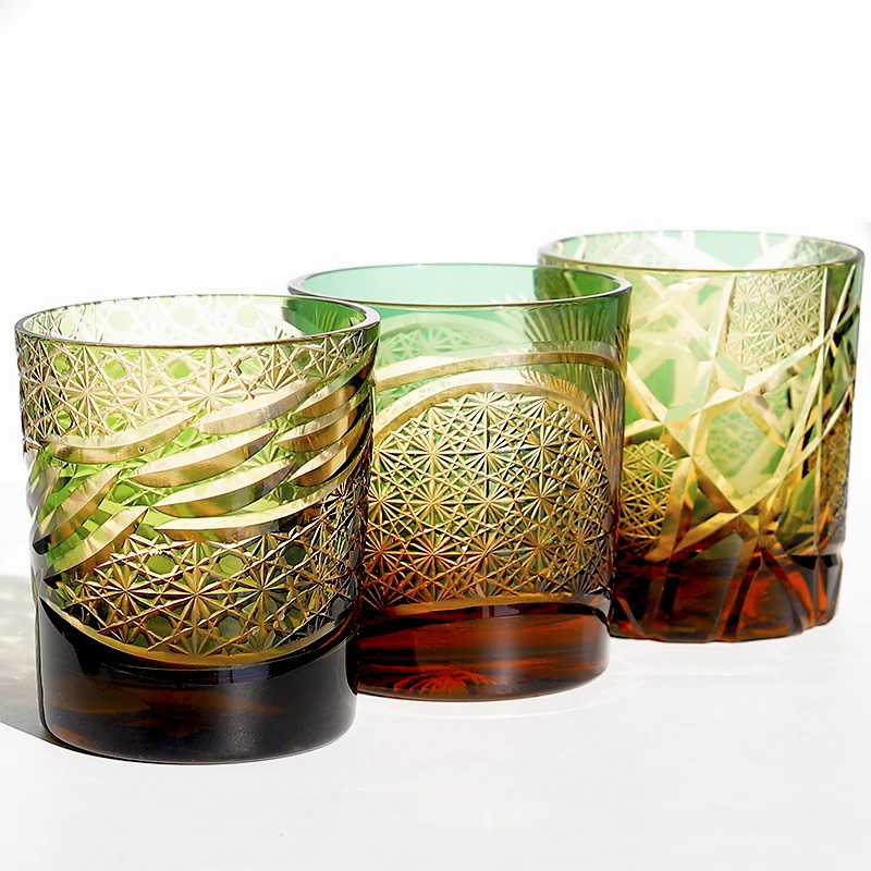 

Whiskey Glasses Japanese Edo Kiriko Hand Cut Crystal Glass Tumbler Green Lead-Free Handmade Overlay Glass 8 Ounces