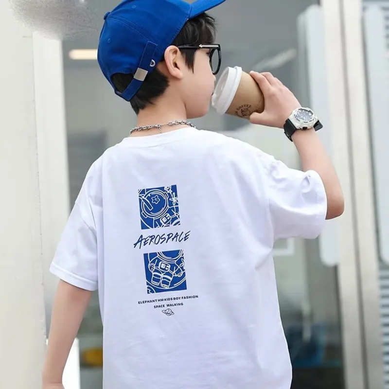 

Summer Handsome Cool Kids Boy Casual Cartoon Bear Print Trendy Children's Pure Cotton T-shirt Short Sleeve Toddler Tees Han Fan